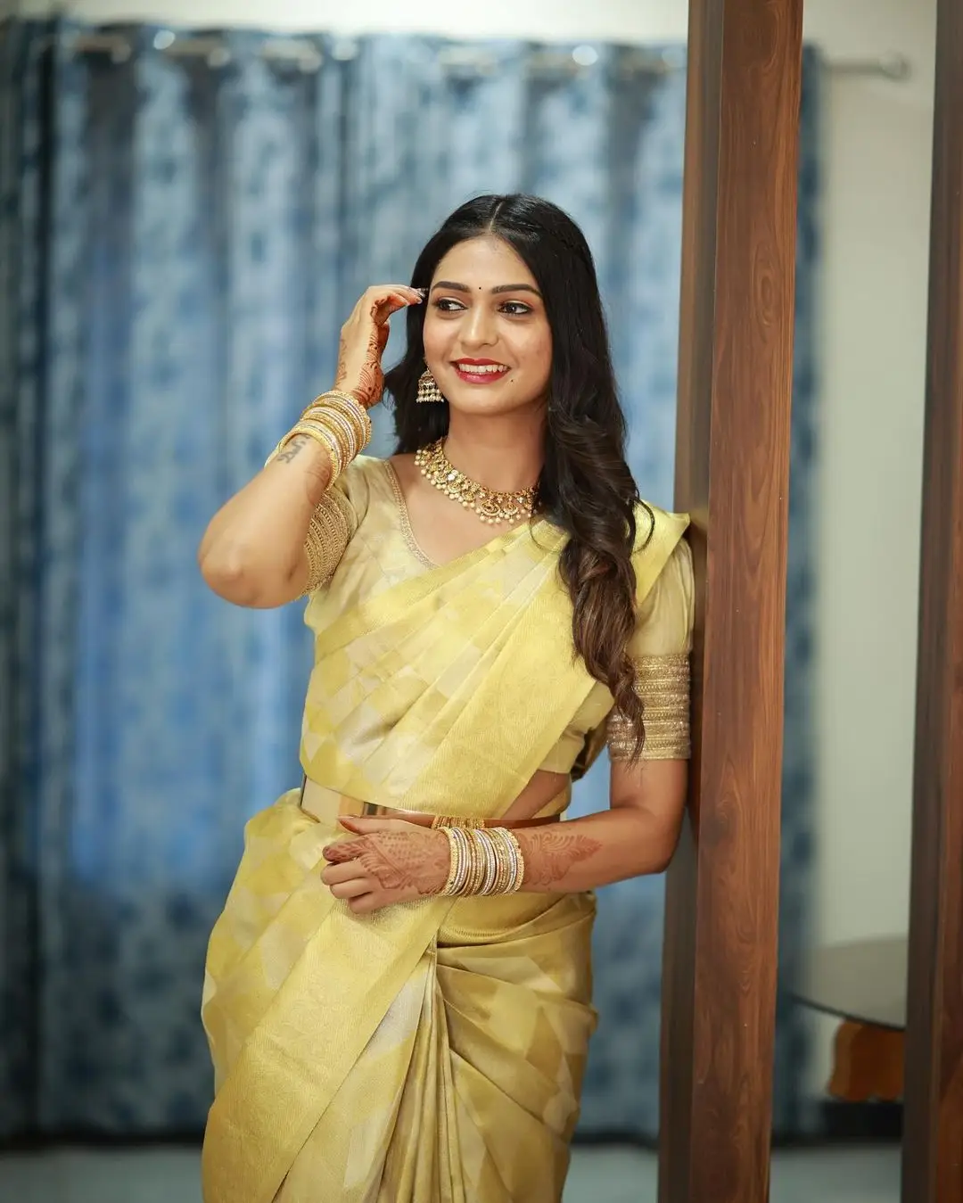 Nisarga Gowda In South Indian Traditional Yellow Saree Blouse